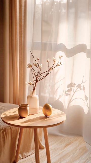 Round wooden table with decorative items in a softly lit room